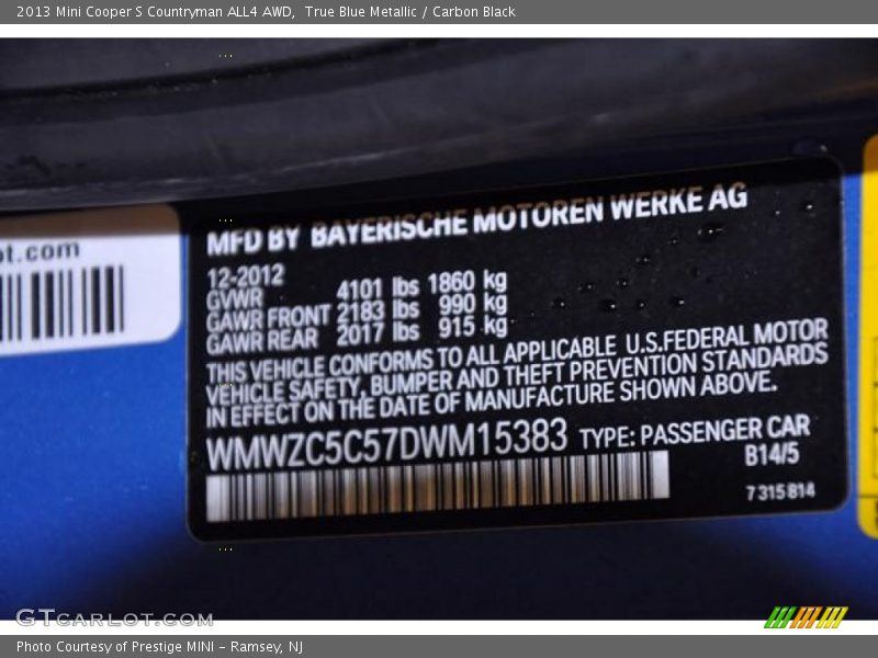2013 Cooper S Countryman ALL4 AWD True Blue Metallic Color Code B14