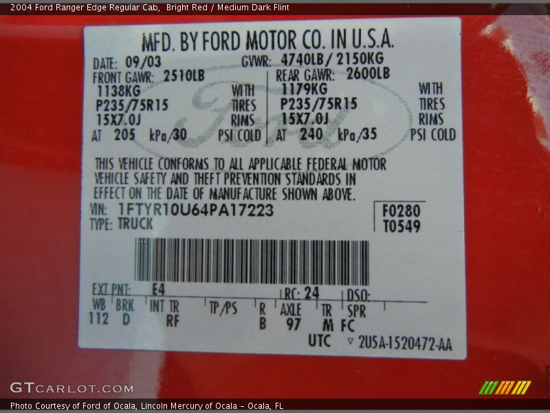 2004 Ranger Edge Regular Cab Bright Red Color Code E4
