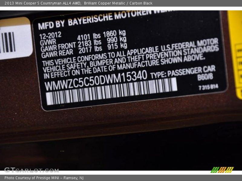 2013 Cooper S Countryman ALL4 AWD Brilliant Copper Metallic Color Code B60