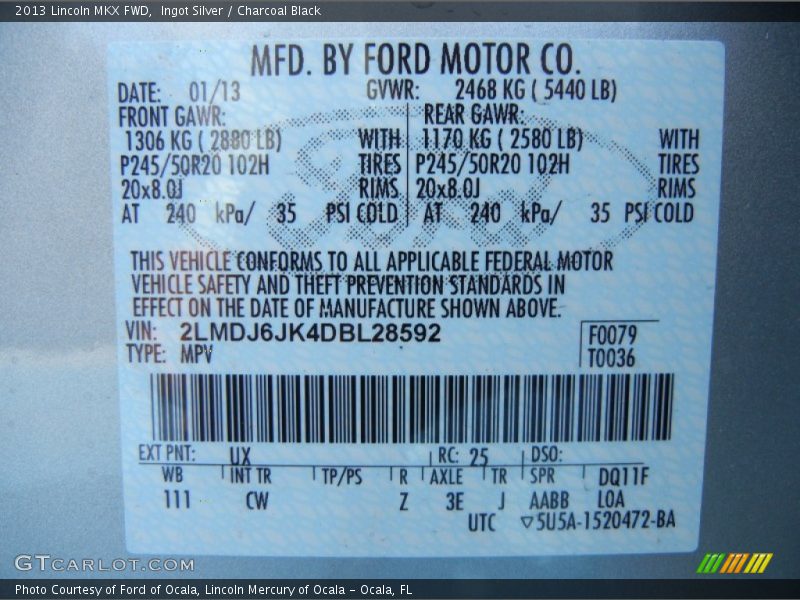 Ingot Silver / Charcoal Black 2013 Lincoln MKX FWD