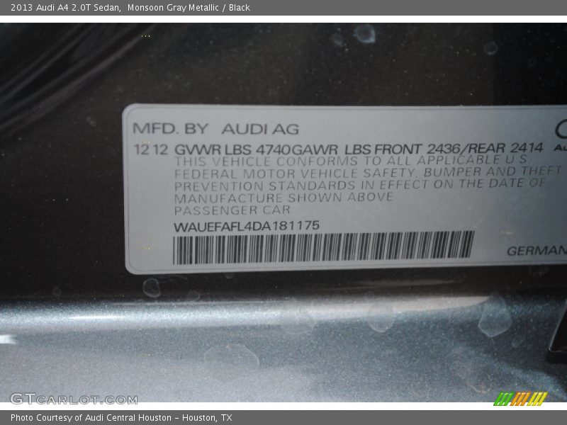 Monsoon Gray Metallic / Black 2013 Audi A4 2.0T Sedan