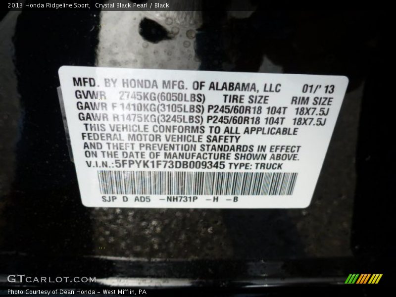 2013 Ridgeline Sport Crystal Black Pearl Color Code NH731P