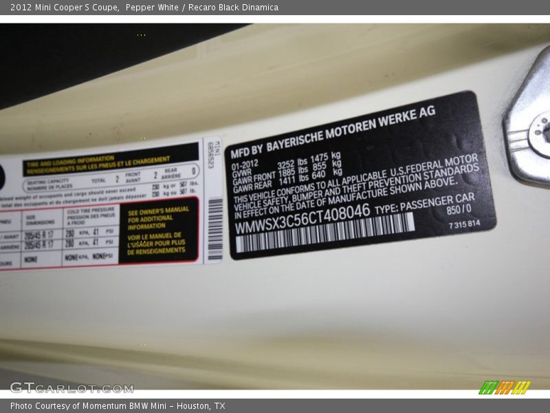 Pepper White / Recaro Black Dinamica 2012 Mini Cooper S Coupe