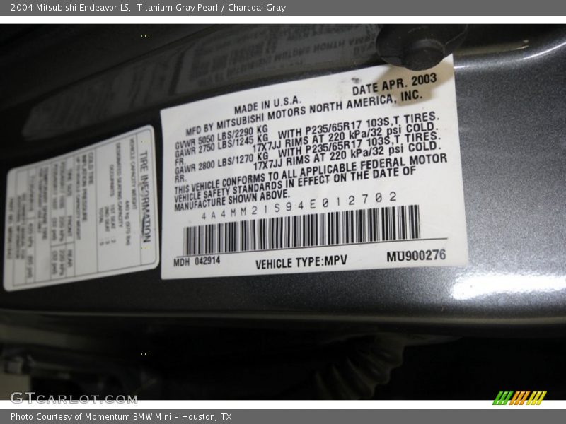 Titanium Gray Pearl / Charcoal Gray 2004 Mitsubishi Endeavor LS