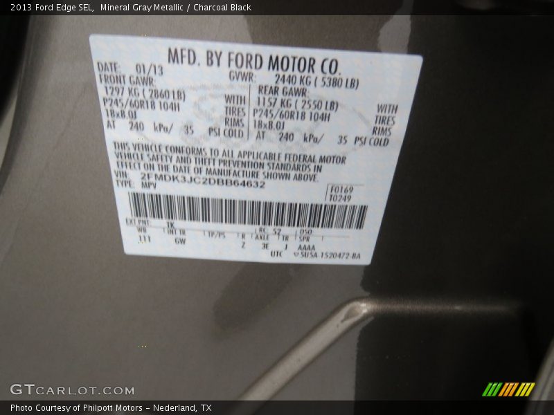 Mineral Gray Metallic / Charcoal Black 2013 Ford Edge SEL