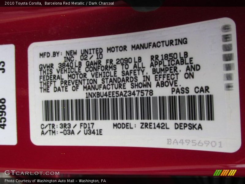 2010 Corolla  Barcelona Red Metallic Color Code 3R3