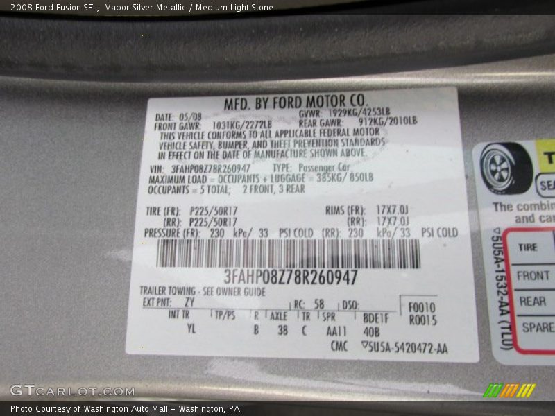 Vapor Silver Metallic / Medium Light Stone 2008 Ford Fusion SEL