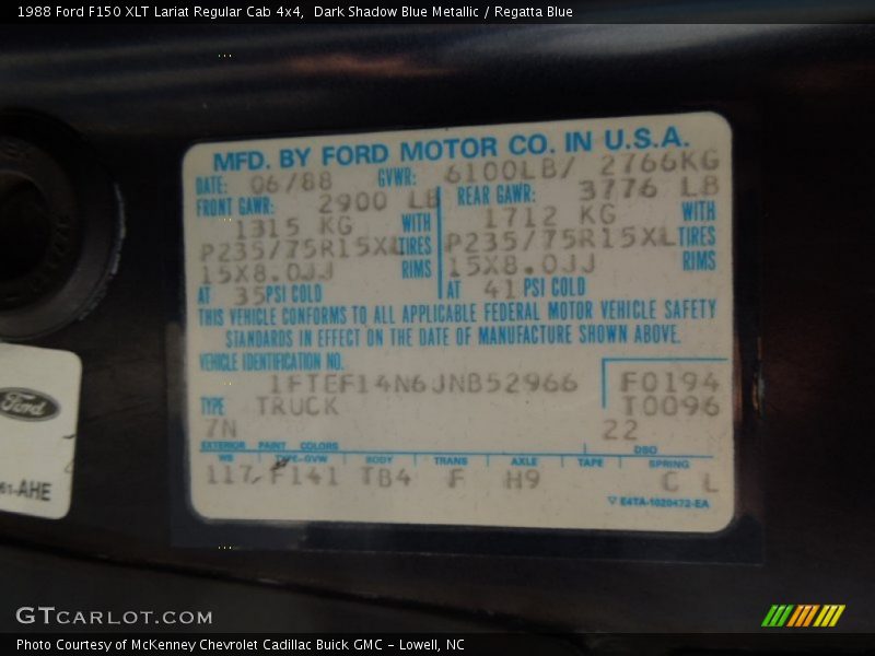 1988 F150 XLT Lariat Regular Cab 4x4 Dark Shadow Blue Metallic Color Code 7N