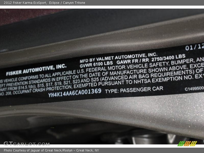 Info Tag of 2012 Karma EcoSport