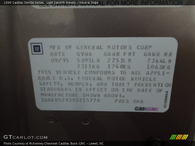 Info Tag of 1996 DeVille Sedan