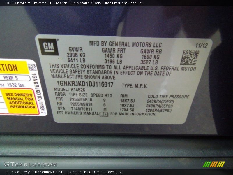 Atlantis Blue Metallic / Dark Titanium/Light Titanium 2013 Chevrolet Traverse LT
