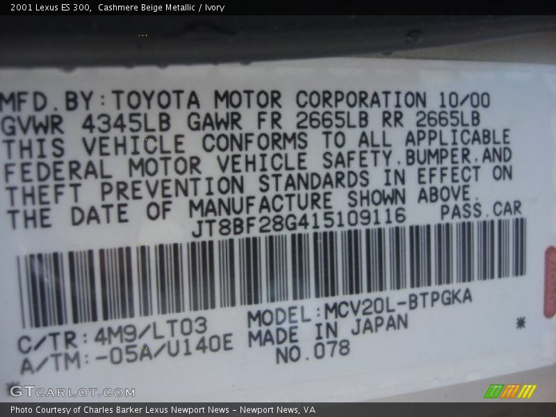 2001 ES 300 Cashmere Beige Metallic Color Code 4M9