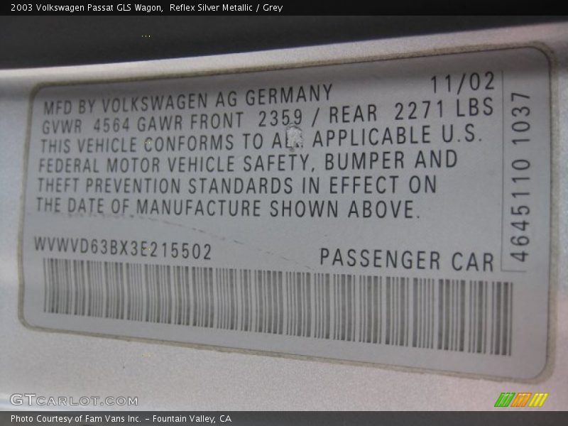 Reflex Silver Metallic / Grey 2003 Volkswagen Passat GLS Wagon