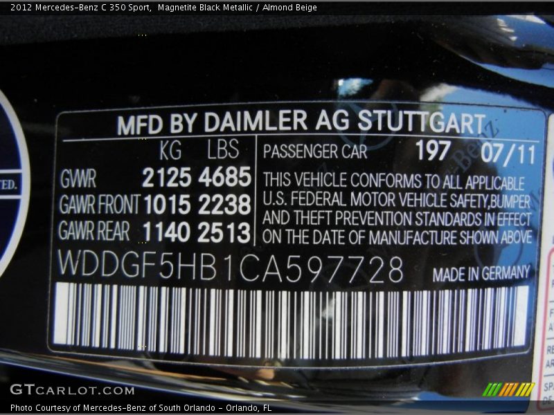 Magnetite Black Metallic / Almond Beige 2012 Mercedes-Benz C 350 Sport