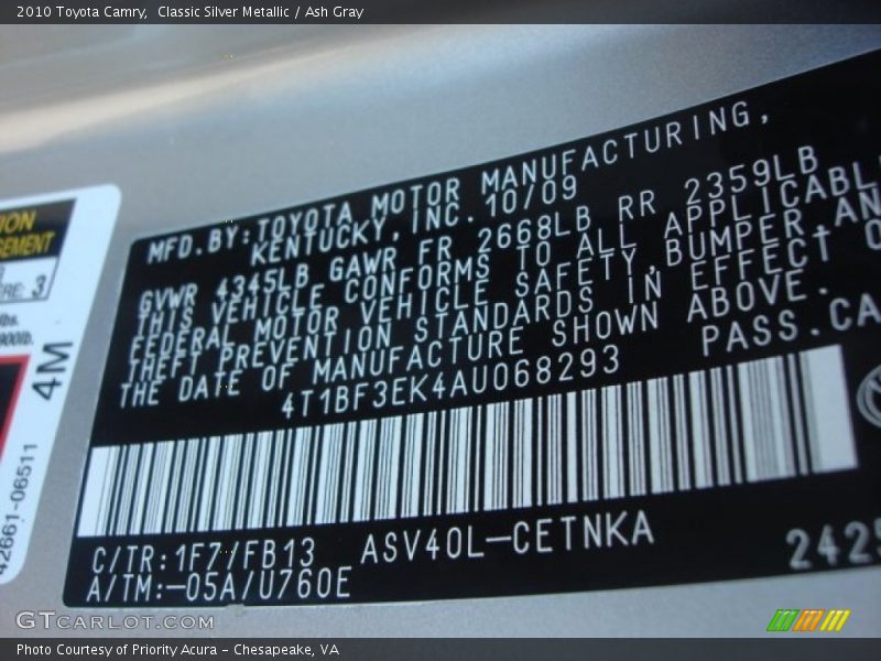 2010 Camry  Classic Silver Metallic Color Code 1F7