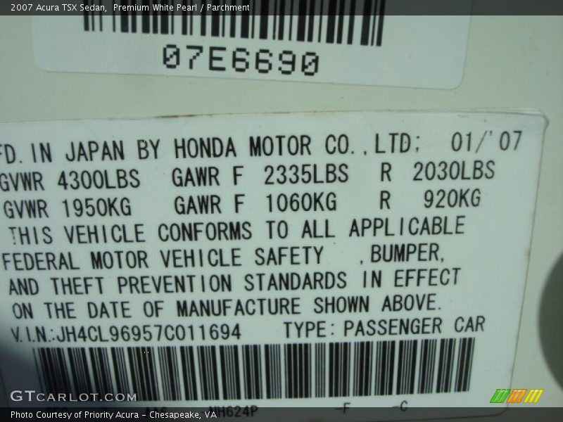 Premium White Pearl / Parchment 2007 Acura TSX Sedan