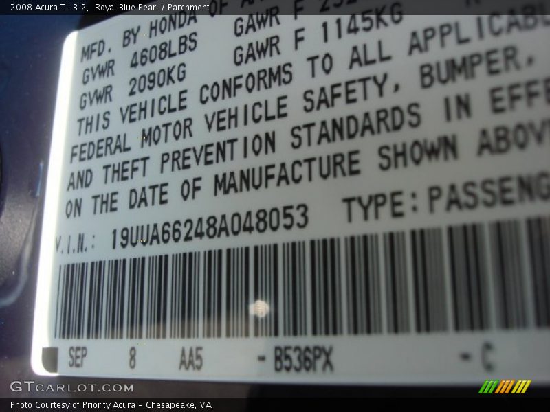 2008 TL 3.2 Royal Blue Pearl Color Code B536PX