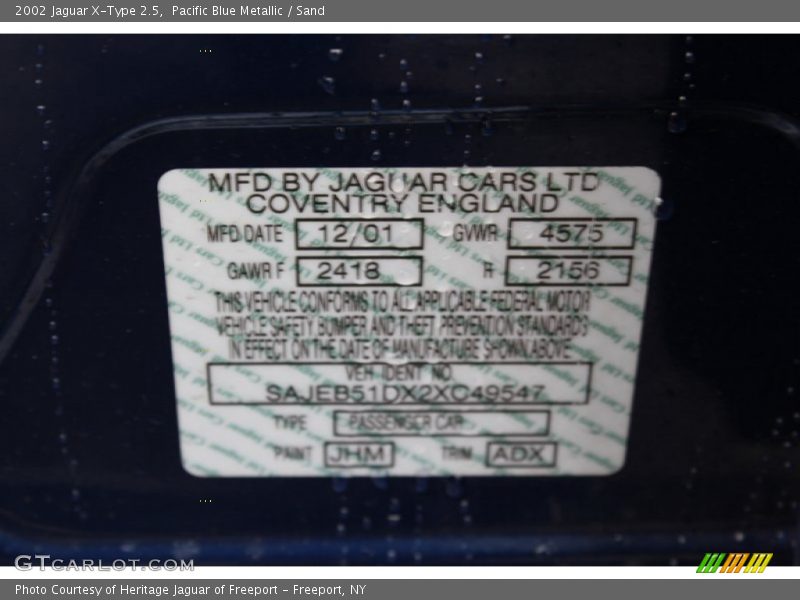 2002 X-Type 2.5 Pacific Blue Metallic Color Code JHM