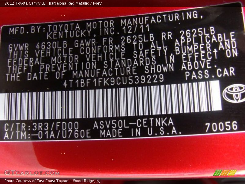 Barcelona Red Metallic / Ivory 2012 Toyota Camry LE