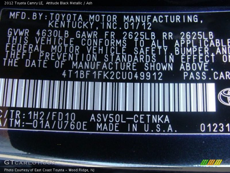 Attitude Black Metallic / Ash 2012 Toyota Camry LE