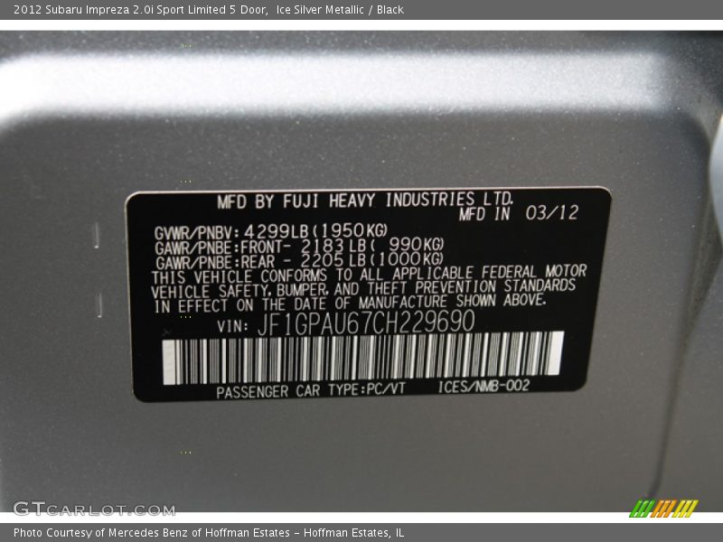 Ice Silver Metallic / Black 2012 Subaru Impreza 2.0i Sport Limited 5 Door