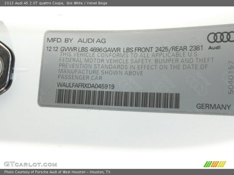 Ibis White / Velvet Beige 2013 Audi A5 2.0T quattro Coupe