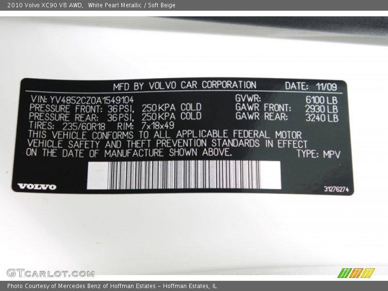 White Pearl Metallic / Soft Beige 2010 Volvo XC90 V8 AWD