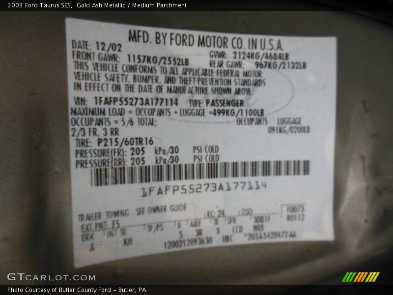 2003 Taurus SES Gold Ash Metallic Color Code FS