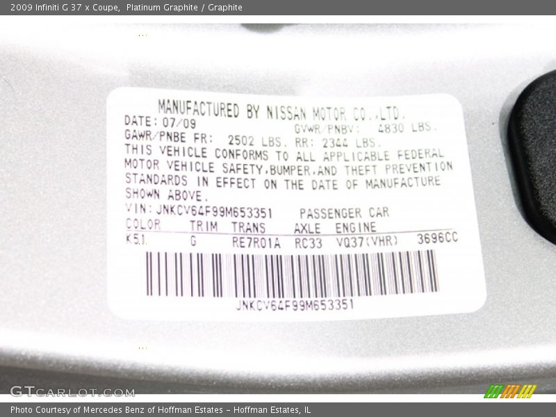 2009 G 37 x Coupe Platinum Graphite Color Code K51