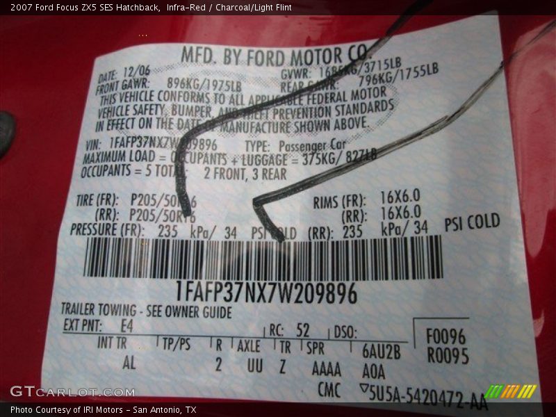 Infra-Red / Charcoal/Light Flint 2007 Ford Focus ZX5 SES Hatchback