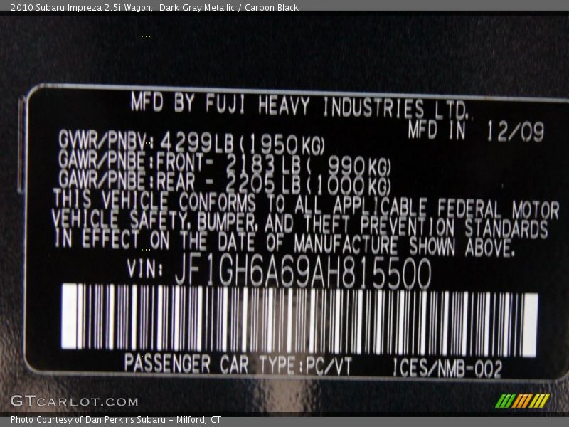 Dark Gray Metallic / Carbon Black 2010 Subaru Impreza 2.5i Wagon