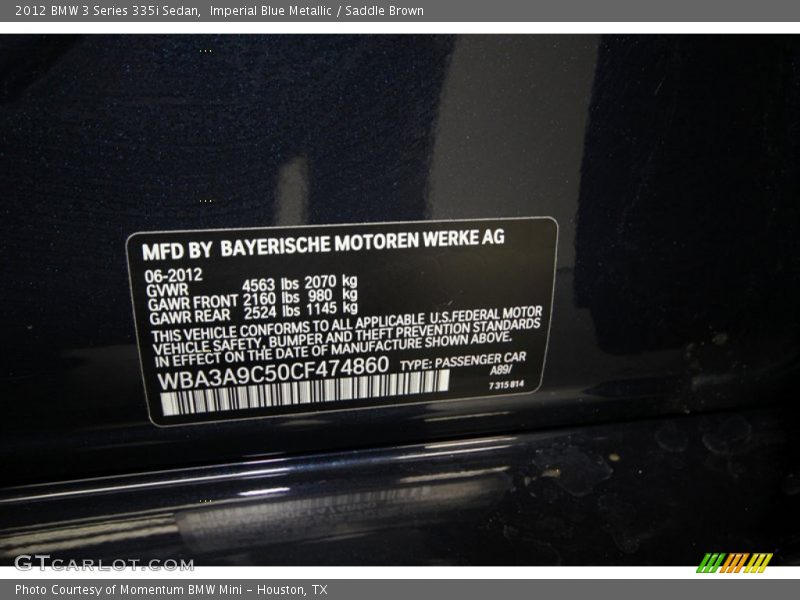 2012 3 Series 335i Sedan Imperial Blue Metallic Color Code A89