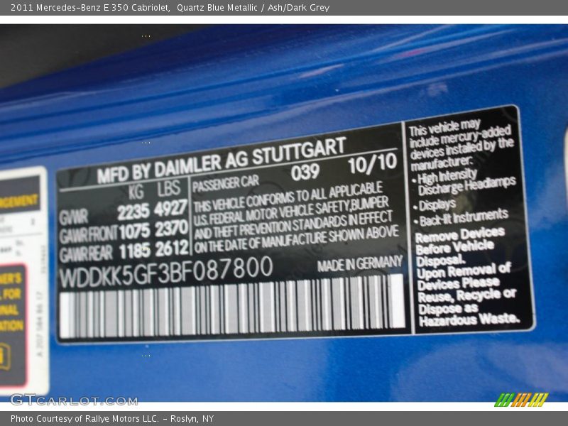 Quartz Blue Metallic / Ash/Dark Grey 2011 Mercedes-Benz E 350 Cabriolet