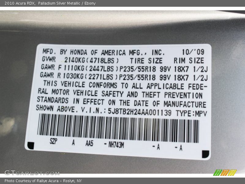 Palladium Silver Metallic / Ebony 2010 Acura RDX