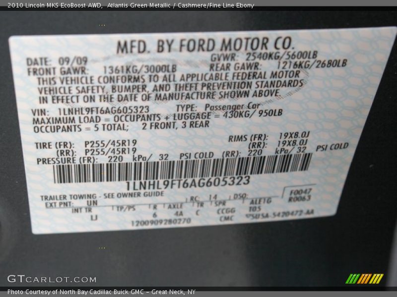 Atlantis Green Metallic / Cashmere/Fine Line Ebony 2010 Lincoln MKS EcoBoost AWD