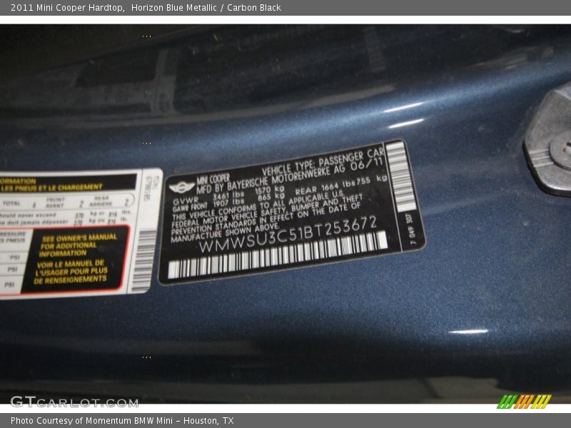 Horizon Blue Metallic / Carbon Black 2011 Mini Cooper Hardtop