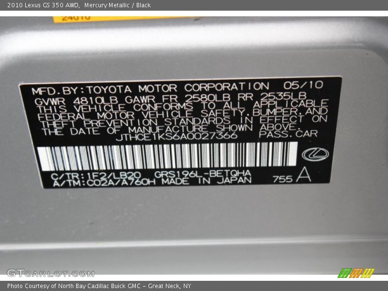 Mercury Metallic / Black 2010 Lexus GS 350 AWD