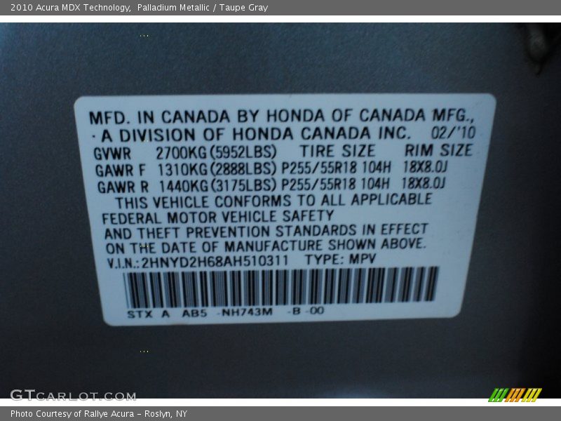 Palladium Metallic / Taupe Gray 2010 Acura MDX Technology