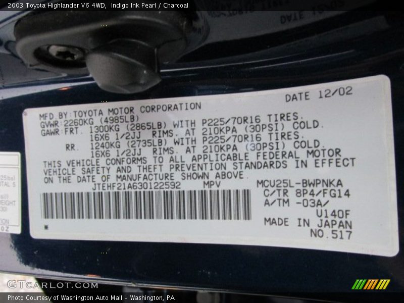 Indigo Ink Pearl / Charcoal 2003 Toyota Highlander V6 4WD