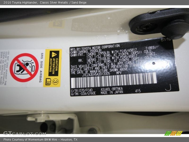 Classic Silver Metallic / Sand Beige 2010 Toyota Highlander