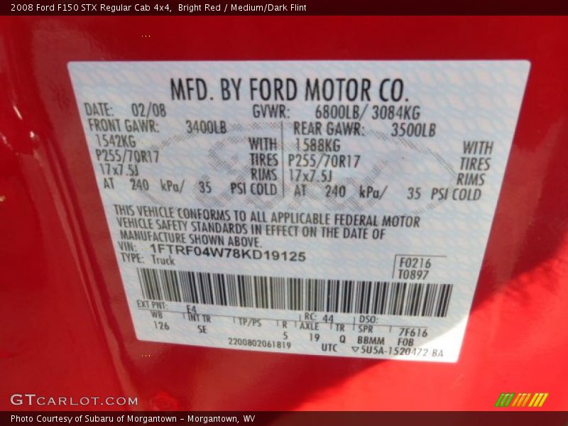 2008 F150 STX Regular Cab 4x4 Bright Red Color Code E4