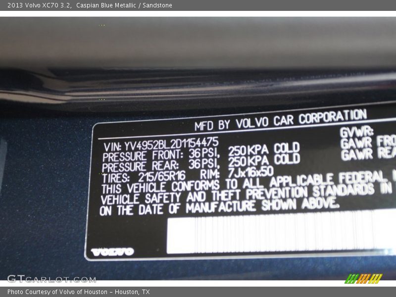 Info Tag of 2013 XC70 3.2