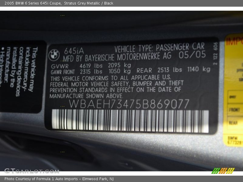 Stratus Grey Metallic / Black 2005 BMW 6 Series 645i Coupe