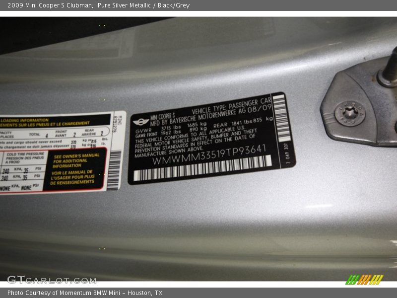 Pure Silver Metallic / Black/Grey 2009 Mini Cooper S Clubman
