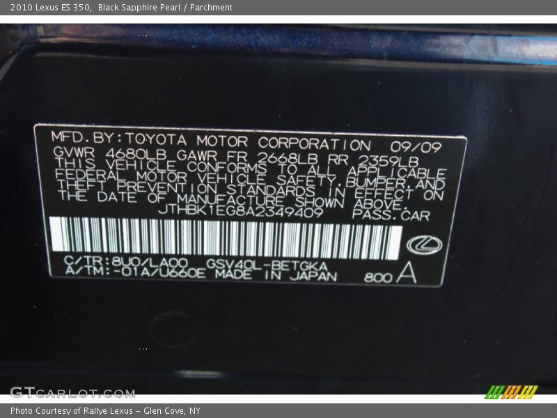 2010 ES 350 Black Sapphire Pearl Color Code 8U0