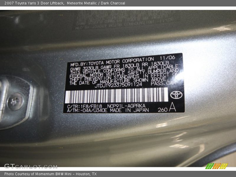 Meteorite Metallic / Dark Charcoal 2007 Toyota Yaris 3 Door Liftback