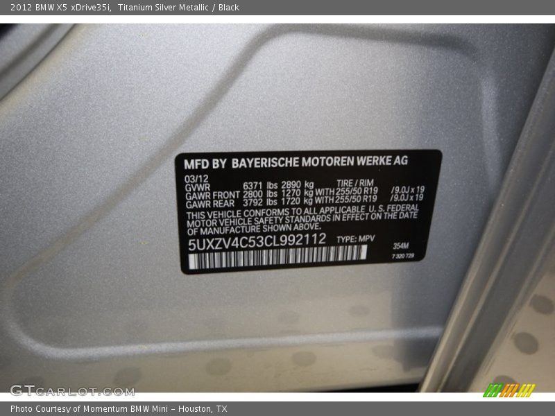 Titanium Silver Metallic / Black 2012 BMW X5 xDrive35i