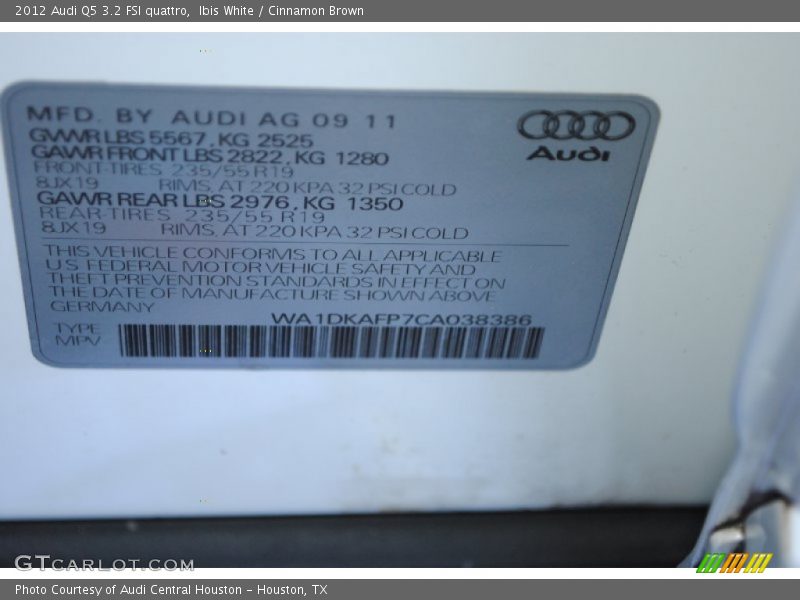 Ibis White / Cinnamon Brown 2012 Audi Q5 3.2 FSI quattro