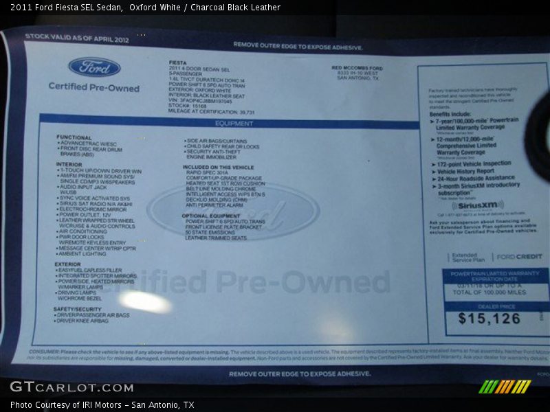 Oxford White / Charcoal Black Leather 2011 Ford Fiesta SEL Sedan