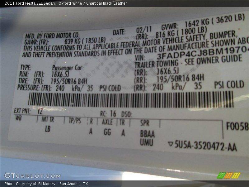 Oxford White / Charcoal Black Leather 2011 Ford Fiesta SEL Sedan